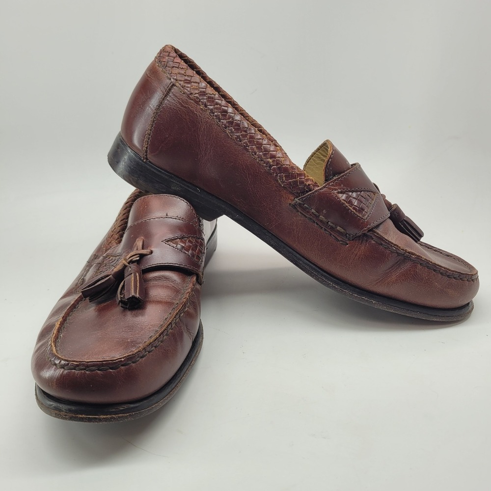 Johnston Murphy Mens 10M Brown Leather Tassel Loafers Woven Trim‎ Dress Shoes